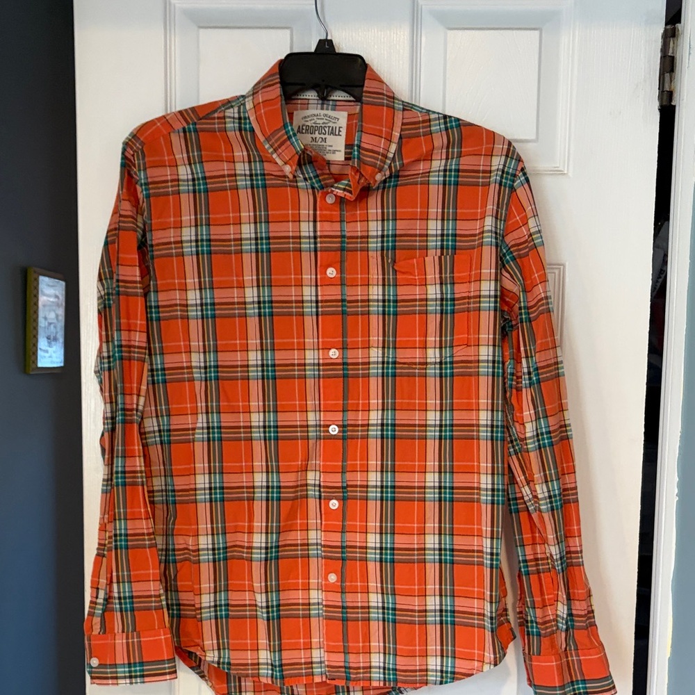 Aeropostale Men's Vibrant Orange Plaid Shirt